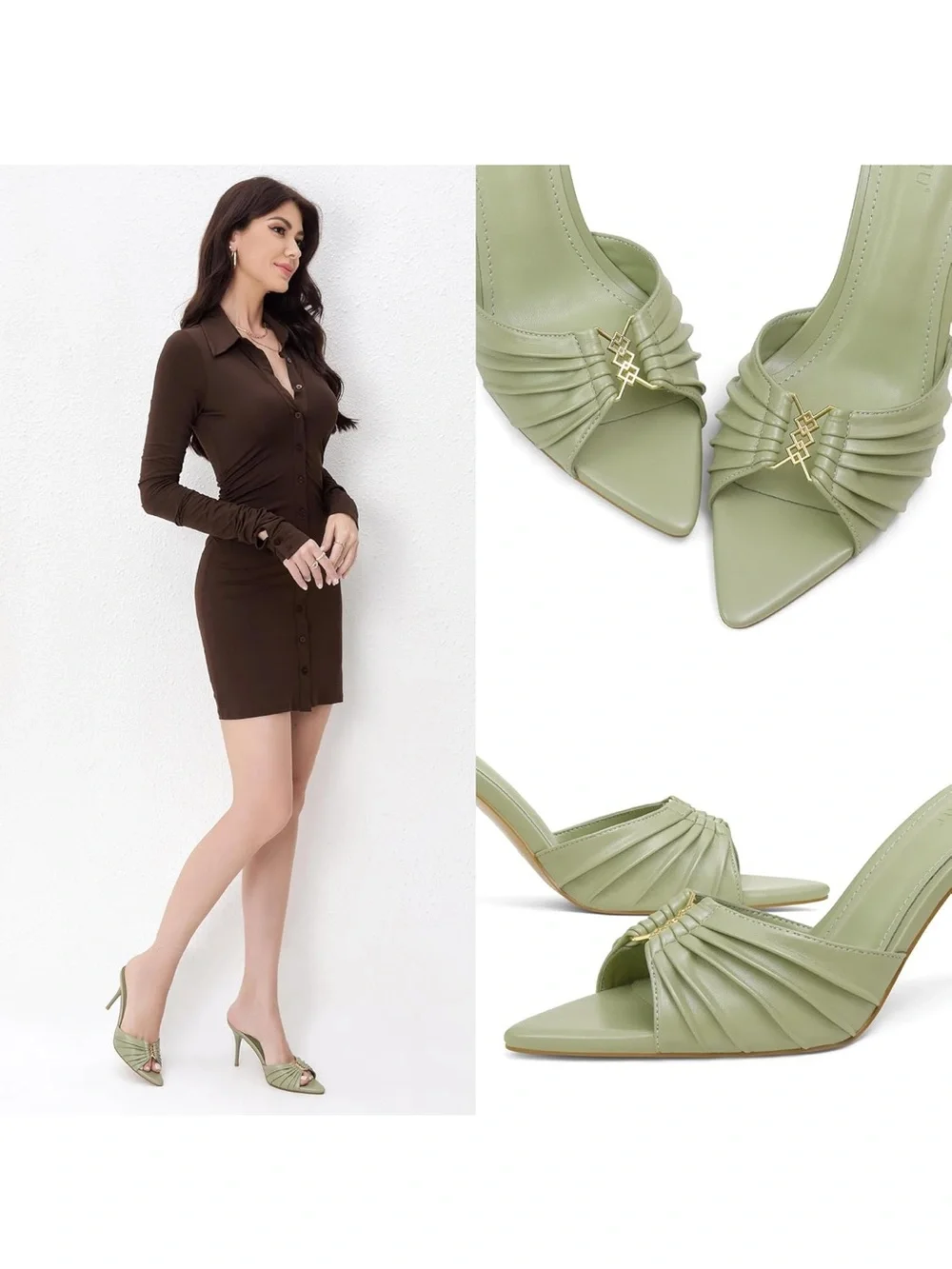 Women's Sage Green Pleated Mule Heels
